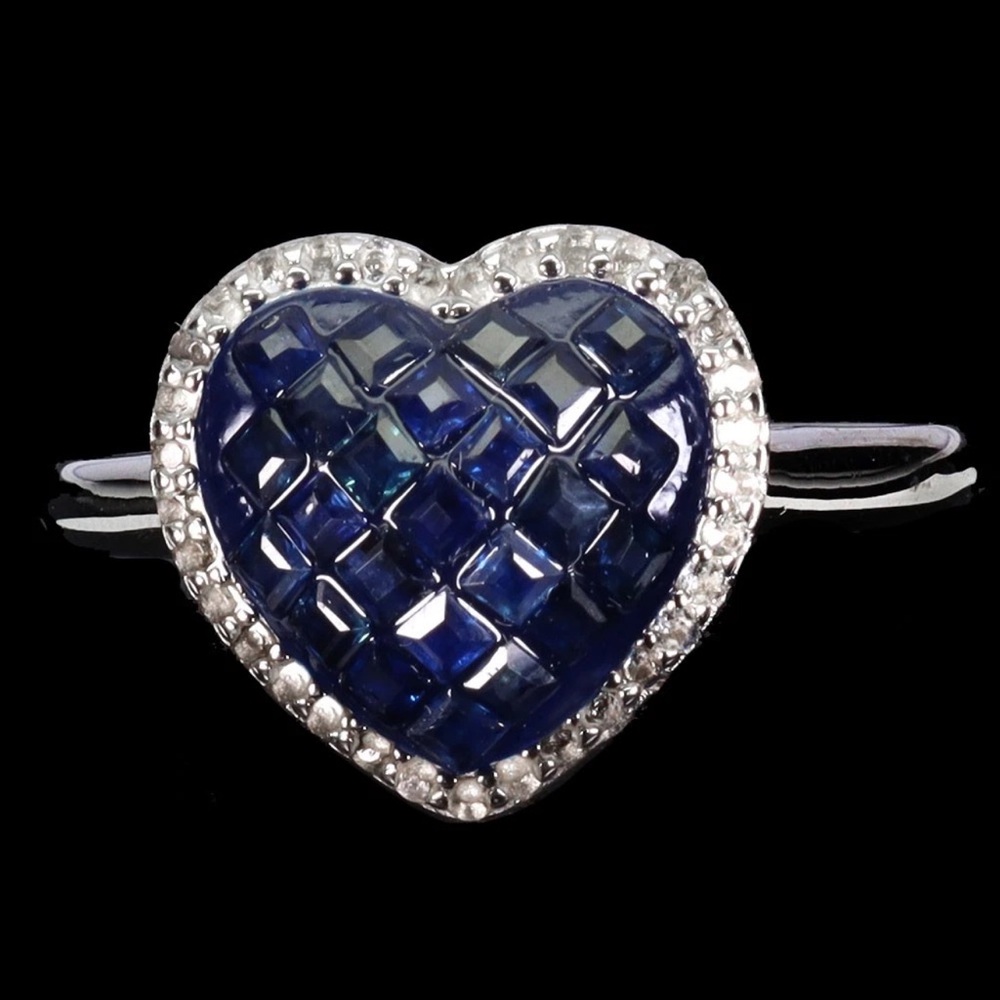 Heart-Shaped Natural Blue Sapphire Ring Princess Cut 925 Silver Size 7